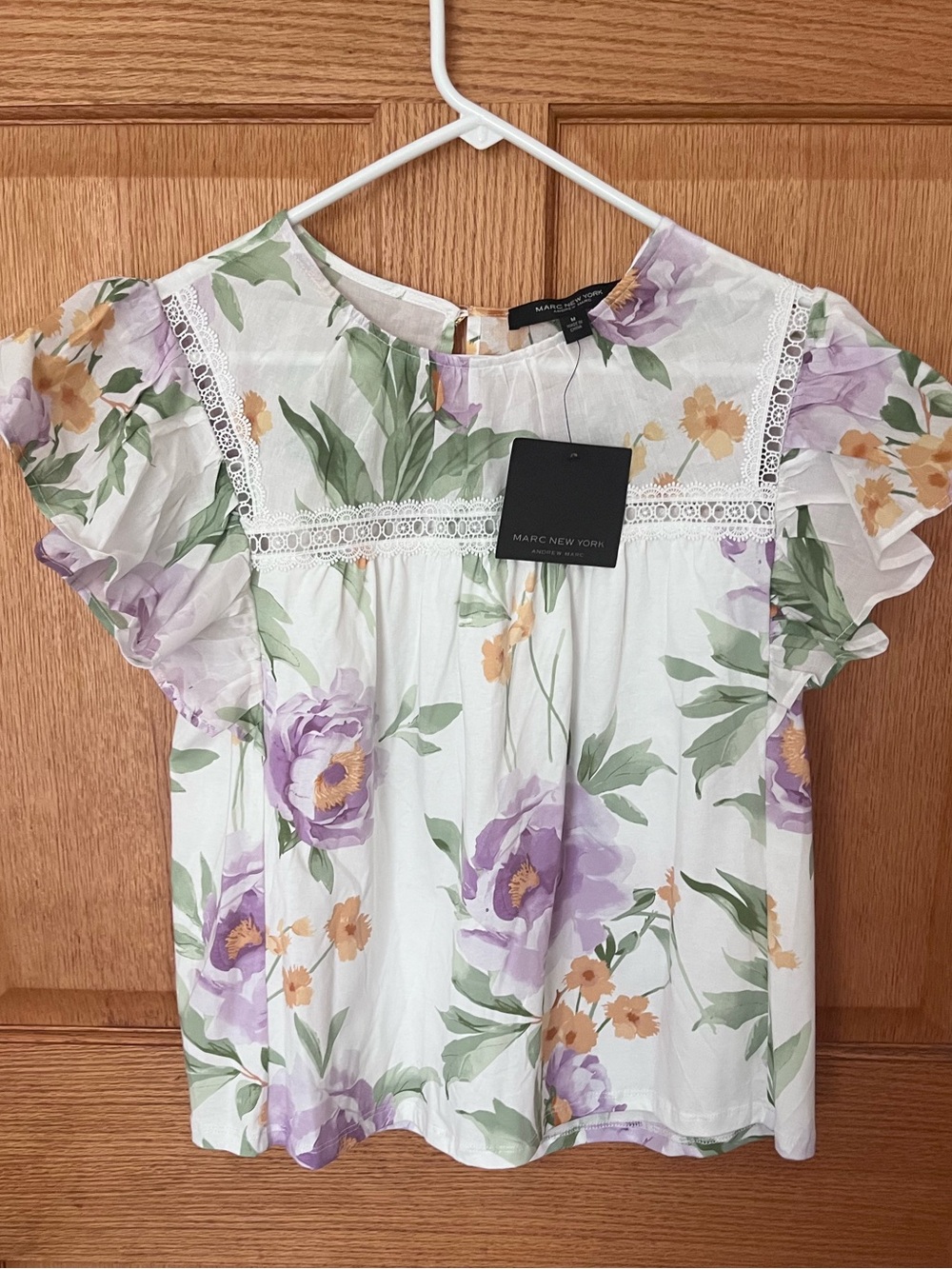 Marc New York cotton Floral Ruffle Sleeve Blouse - Lavender & Green size medium